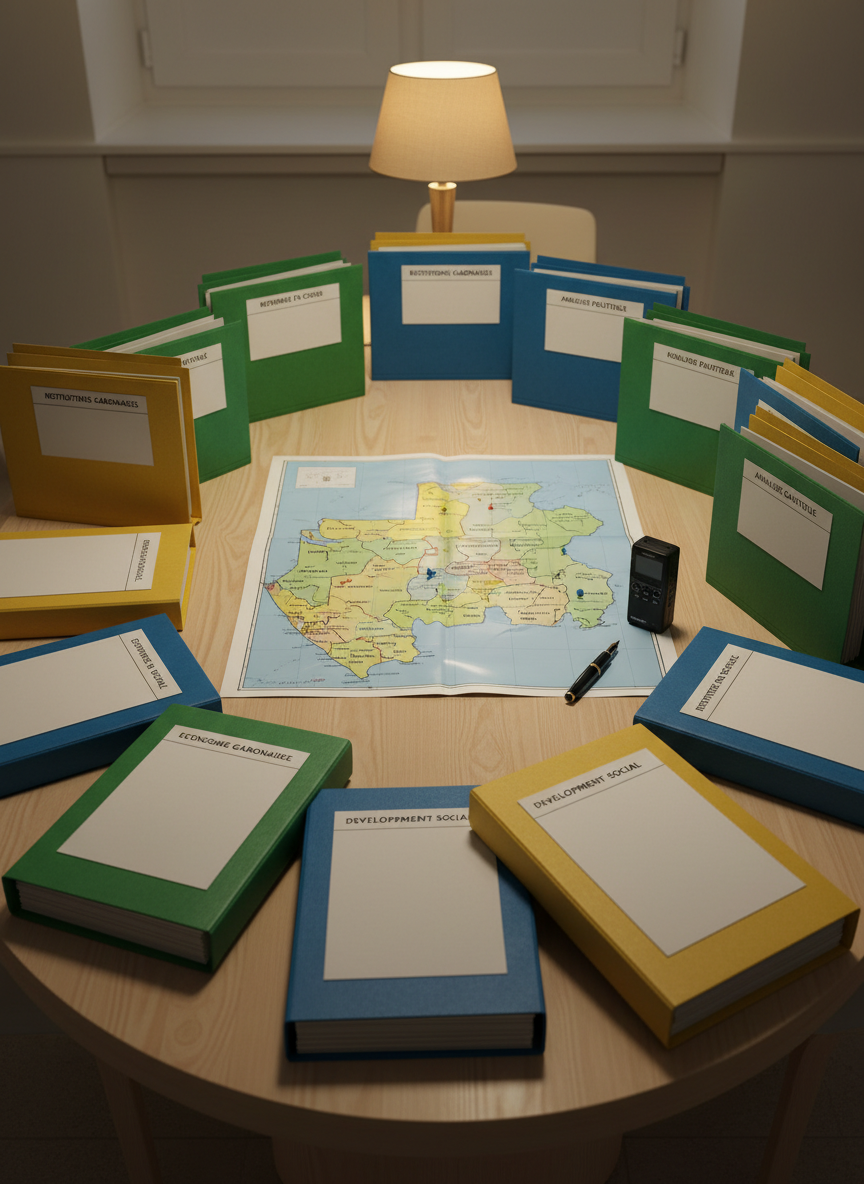 Une grande table ovale en bois clair recouverte d’un ensemble de dossiers cartonnés verts, jaunes et bleus, chacun étiqueté avec des titres d’analyses sur les institutions gabonaises et les réformes en cours. Au centre, une carte du Gabon finement détaillée, plastifiée, montre les différentes provinces avec des repères colorés. Sur le côté, un enregistreur audio numérique noir repose à côté d’un stylo plume élégant. La scène est éclairée par une lumière diffuse de plafond, complétée par le halo chaud d’une lampe de bureau, créant des ombres douces et une ambiance studieuse. Photographie réaliste, prise en légère plongée, mettant l’accent sur l’organisation méthodique des documents. L’atmosphère est rigoureuse, calme et professionnelle, reflétant le travail d’analyse et de décryptage.
