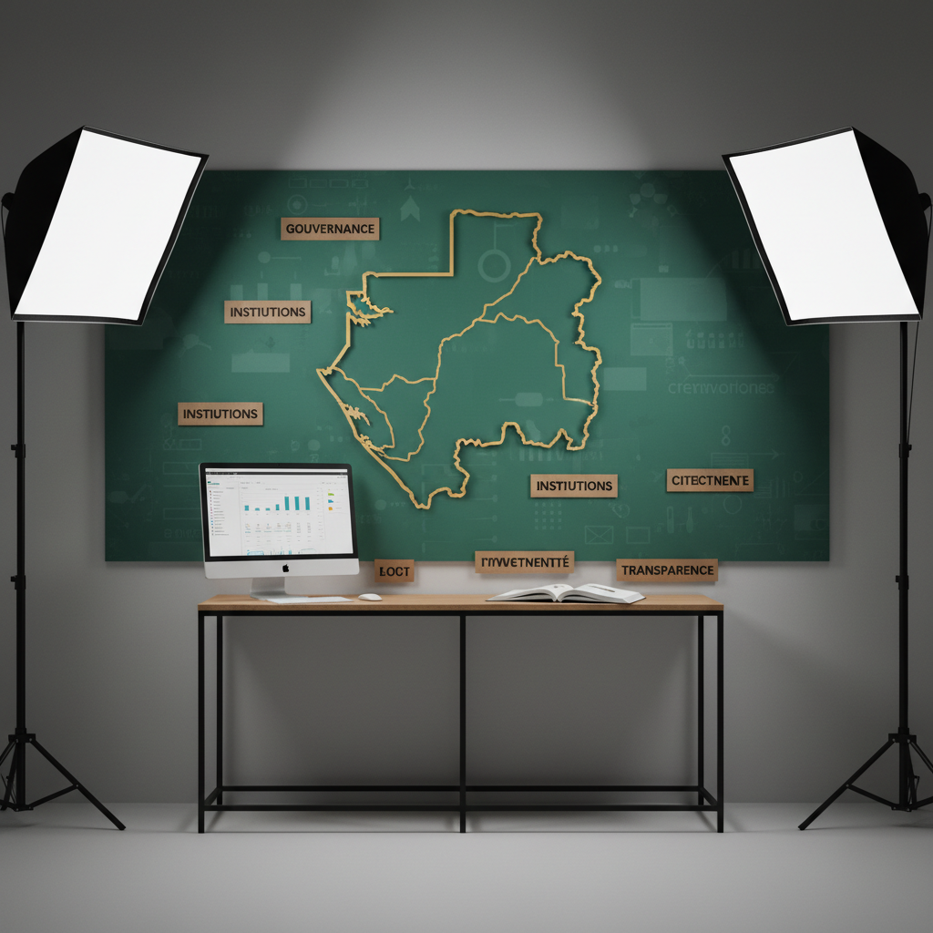 Un studio de communication politique minimaliste avec un grand panneau mural vert et or représentant une carte stylisée du Gabon, entourée de mots-clés abstraits imprimés sur de petites pancartes cartonnées posées sur une console en métal noir : « gouvernance », « institutions », « citoyenneté », « transparence ». Sur la console, un ordinateur fixe affiche un tableau de bord de données statistiques, à côté d’un carnet ouvert couvert de schémas. Lumière de studio douce et uniforme, venant de deux softboxes hors champ, faisant ressortir les couleurs sans créer de reflets agressifs. Photographie en réalisme net, prise à hauteur d’yeux avec une composition centrée et une netteté uniforme. L’ambiance est moderne, analytique et professionnelle, adaptée à un blog de stratégie et de communication politique gabonaise.
